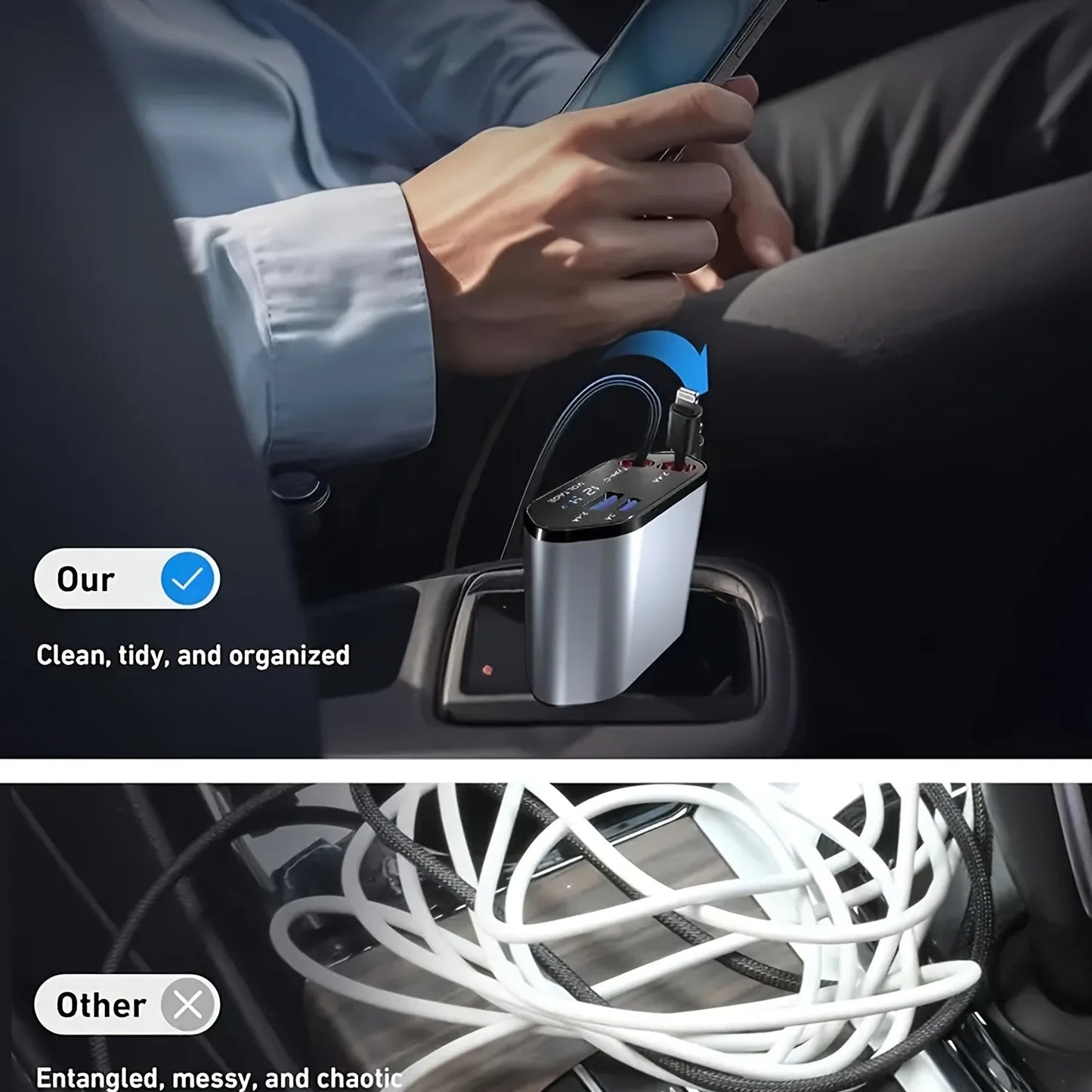 120W Retractable Car Charger – Fast Charging USB C & USB A Dual Port Car Adapter, Auto-Retract Cable for iPhone, Samsung, Android