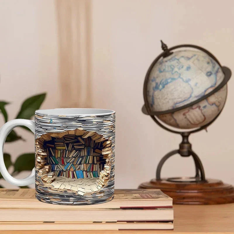 3D Library Bookshelf Coffee Mug – Novelty Book Lover Gift Mug with Hidden Inner Bookshelf Design, Available in 3 Styles