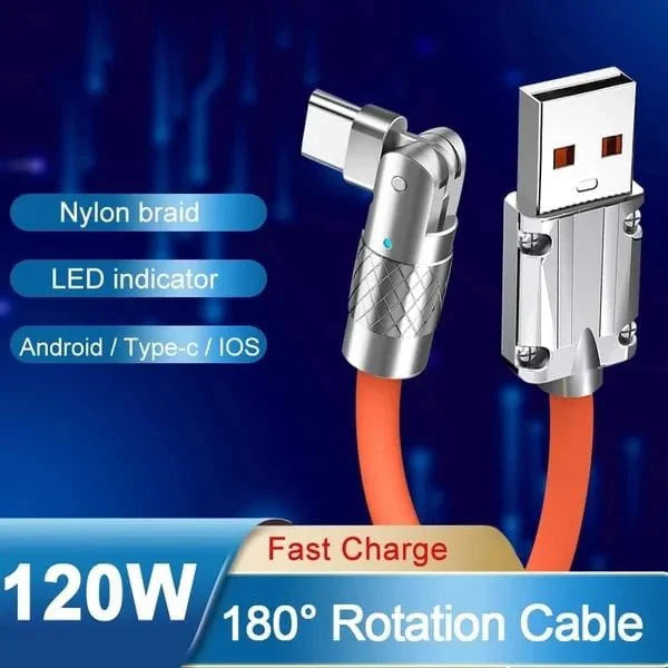 180° Rotating Fast Charge Cable – Right Angle USB C / Micro USB / Lightning Cable, Braided Nylon Anti-Break Phone Charging Cord for iPhone & Android