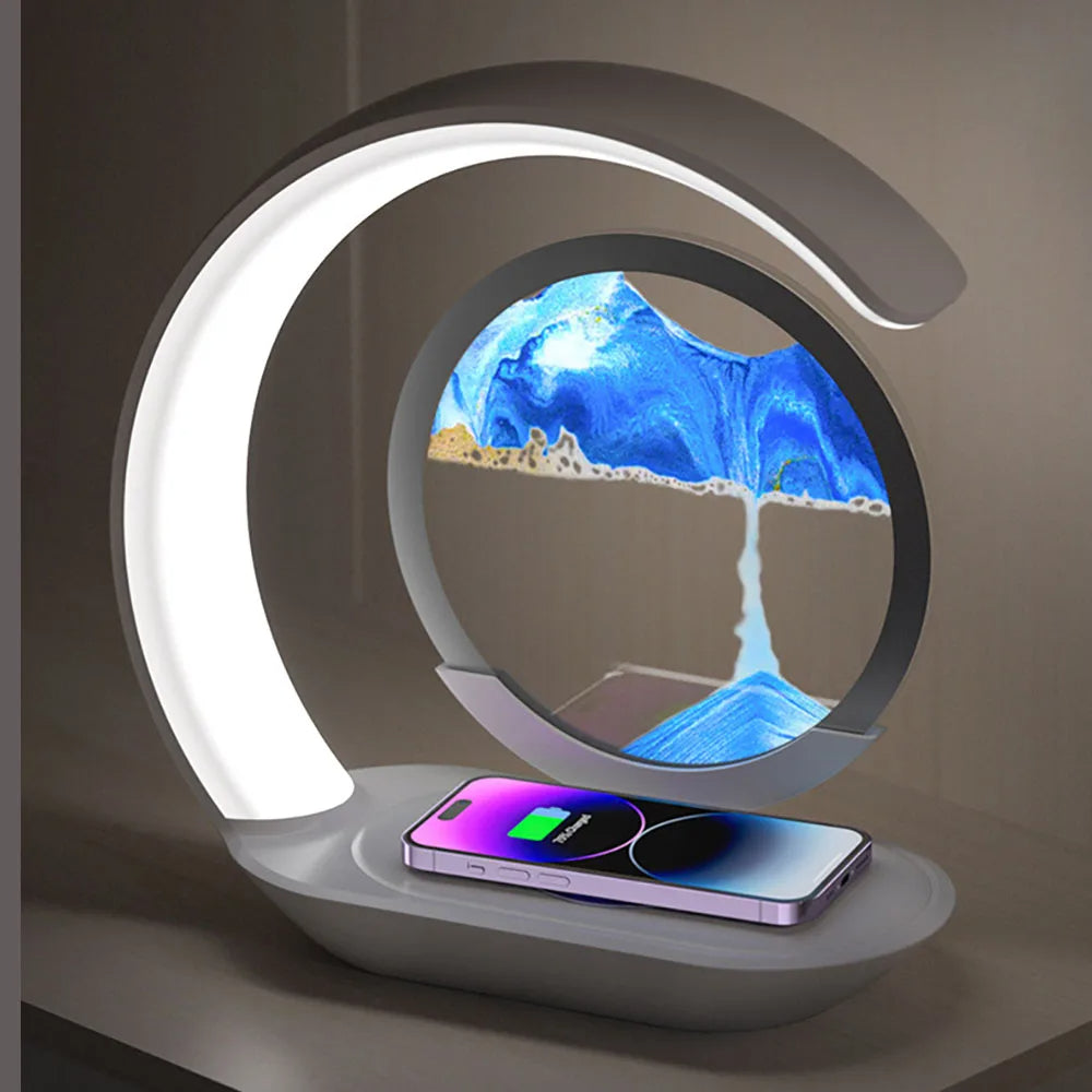 3D Sand Art Table Lamp with Wireless Charger – Hourglass Sand Painting Night Light with Qi Charging Pad for Bedroom Décor & Relaxation