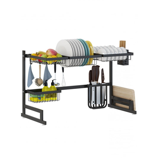 34.6" Over-Sink Stainless Steel Dish Drying Rack – 2-Tier Kitchen Sink Organizer with Drain Board, Utensil Holder & Cutting Board Slot, Space-Saving Design