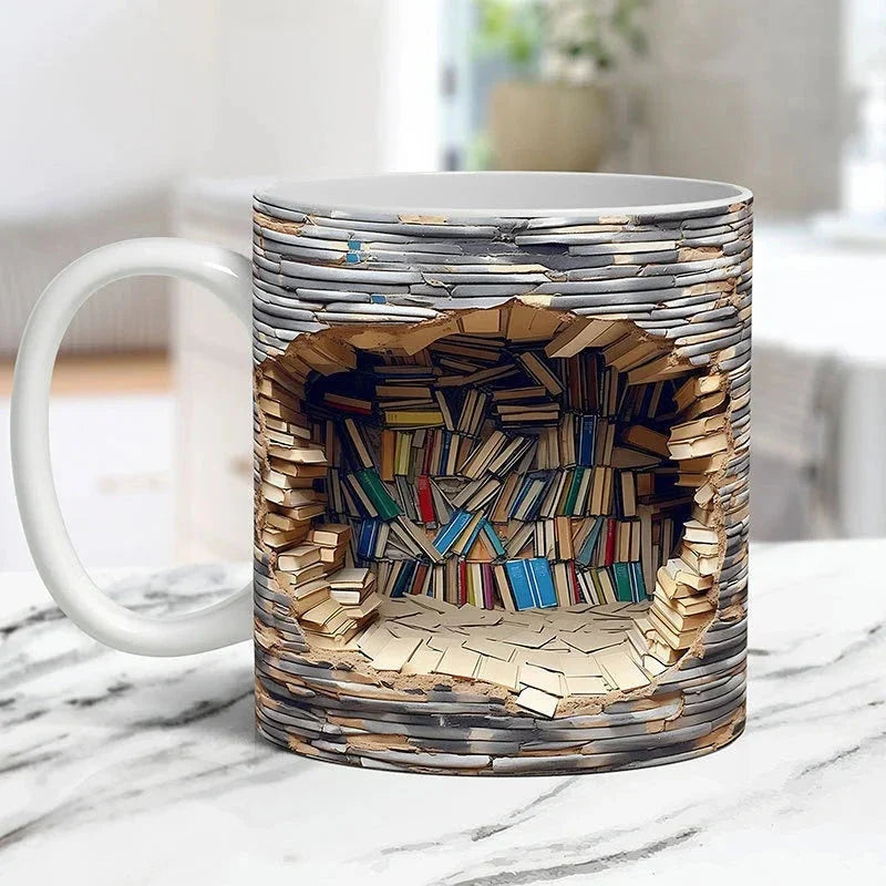 3D Library Bookshelf Coffee Mug – Novelty Book Lover Gift Mug with Hidden Inner Bookshelf Design, Available in 3 Styles