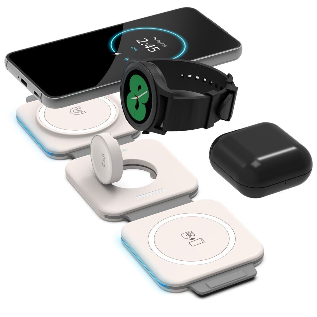3-in-1 Foldable Wireless Travel Charger – Portable Charging Pad for iPhone, Samsung Galaxy Phone, Buds & Galaxy Watch, Qi Fast Charging Station