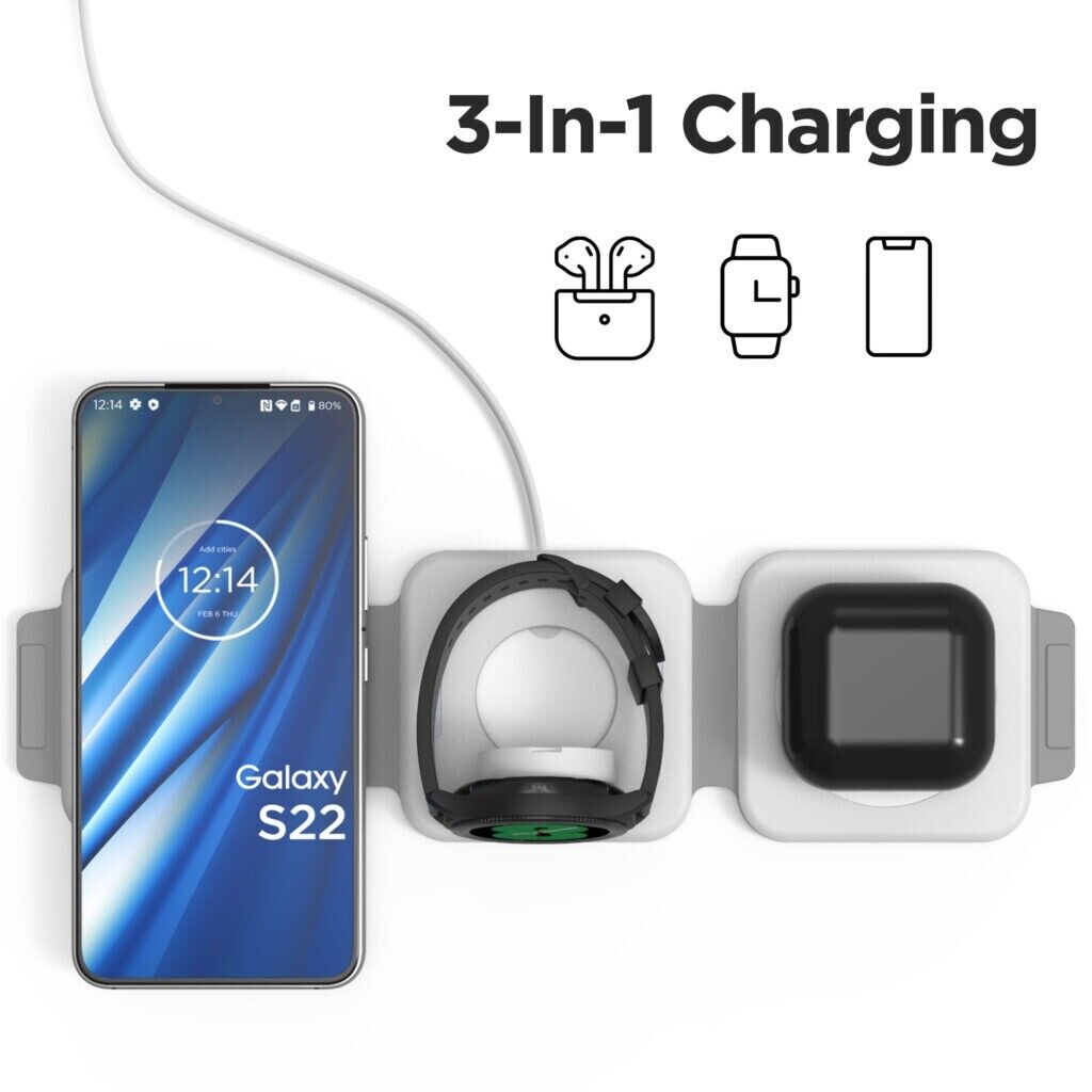 3-in-1 Foldable Wireless Travel Charger – Portable Charging Pad for iPhone, Samsung Galaxy Phone, Buds & Galaxy Watch, Qi Fast Charging Station