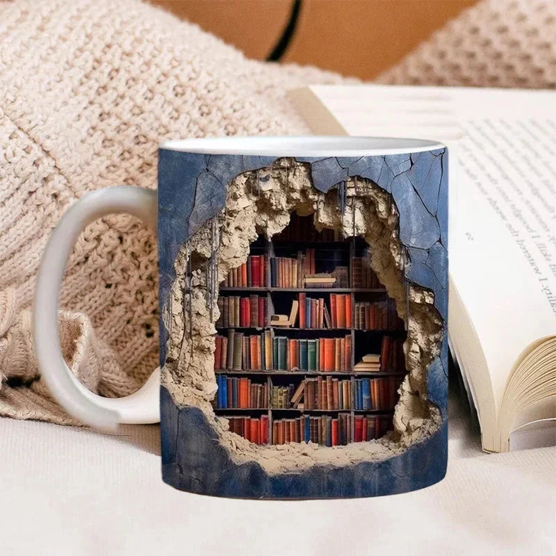 3D Library Bookshelf Coffee Mug – Novelty Book Lover Gift Mug with Hidden Inner Bookshelf Design, Available in 3 Styles