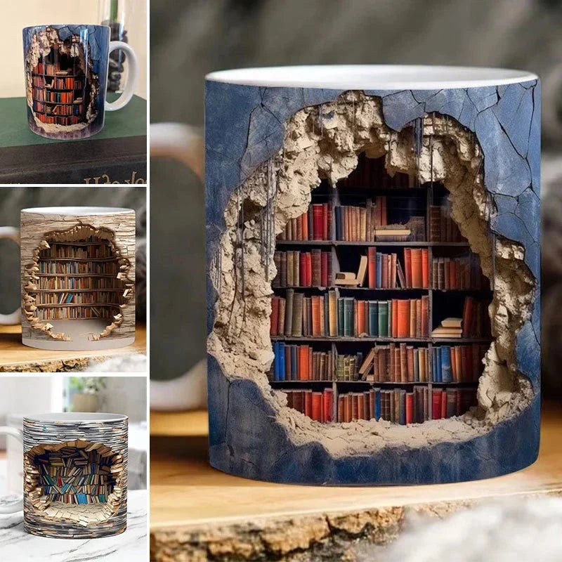 3D Library Bookshelf Coffee Mug – Novelty Book Lover Gift Mug with Hidden Inner Bookshelf Design, Available in 3 Styles
