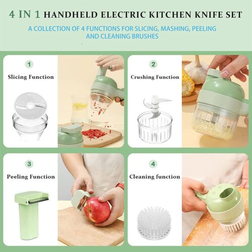 4-in-1 Wireless Electric Food Chopper Set – Handheld Rechargeable Mini Vegetable Cutter, Grinder, Blender & Slicer for Kitchen Meal Prep