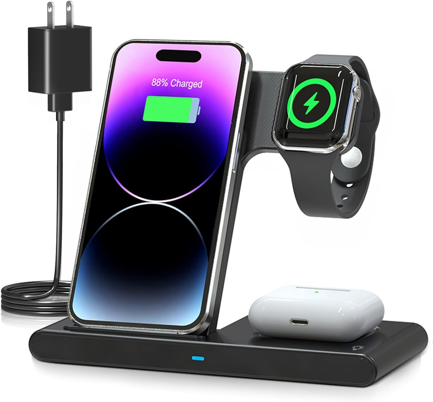 3-in-1 Wireless Fast Charger Stand for iPhone, Apple Watch & AirPods – MagSafe Compatible Charging Dock Station for iPhone 15/14/13/12 Series