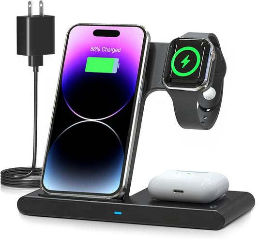 3-in-1 Wireless Fast Charger Stand for iPhone, Apple Watch & AirPods – MagSafe Compatible Charging Dock Station for iPhone 15/14/13/12 Series