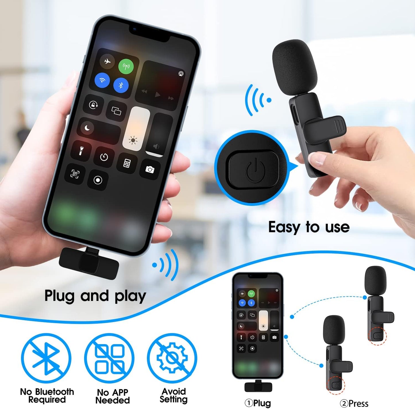2-Pack Wireless Microphone for iPhone & iPad – Clip-On Lapel Mic for Content Creators, TikTok, YouTube, Vlogging, Interviews, Live Streaming