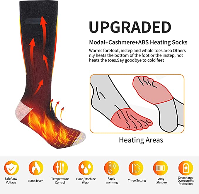 2 Pairs Rechargeable Heated Socks – Electric Battery Heated Thermal Socks for Men & Women, 3 Heat Settings, Up to 8 Hours Warmth for Winter Outdoor Activities