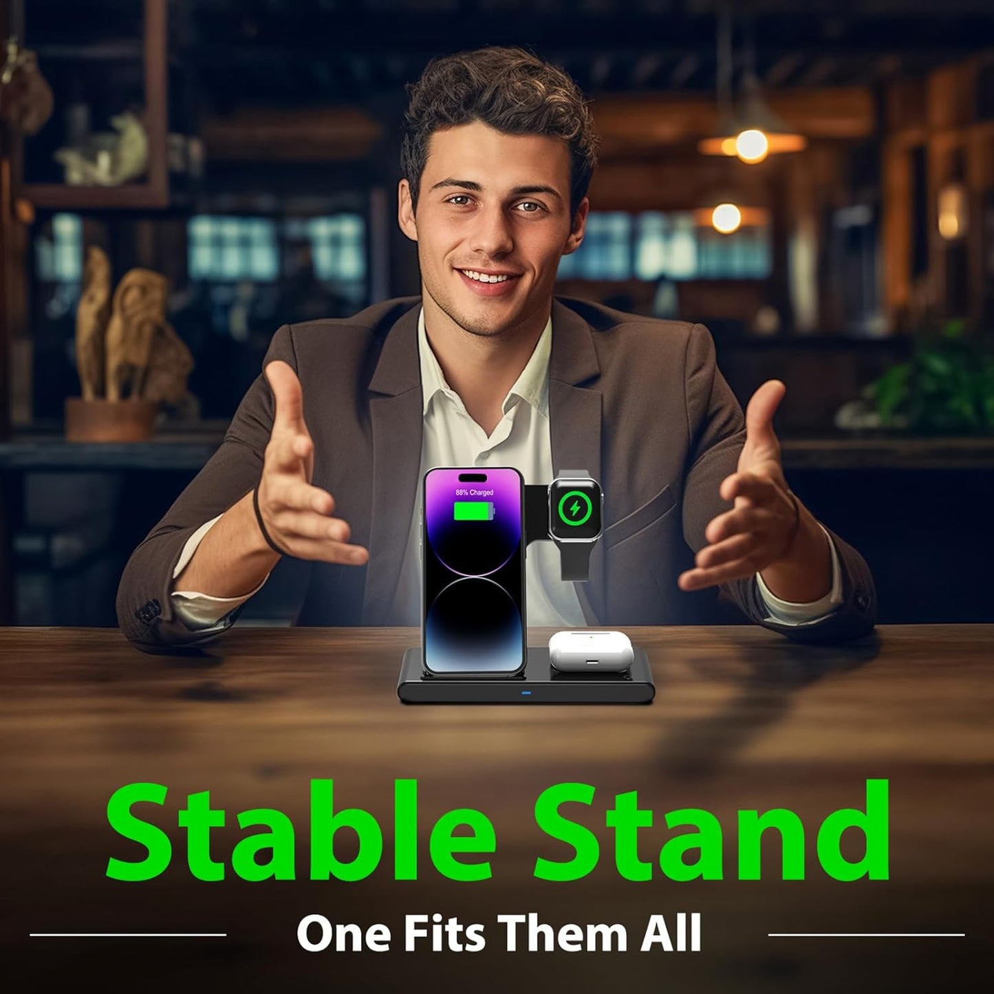 3-in-1 Wireless Fast Charger Stand for iPhone, Apple Watch & AirPods – MagSafe Compatible Charging Dock Station for iPhone 15/14/13/12 Series