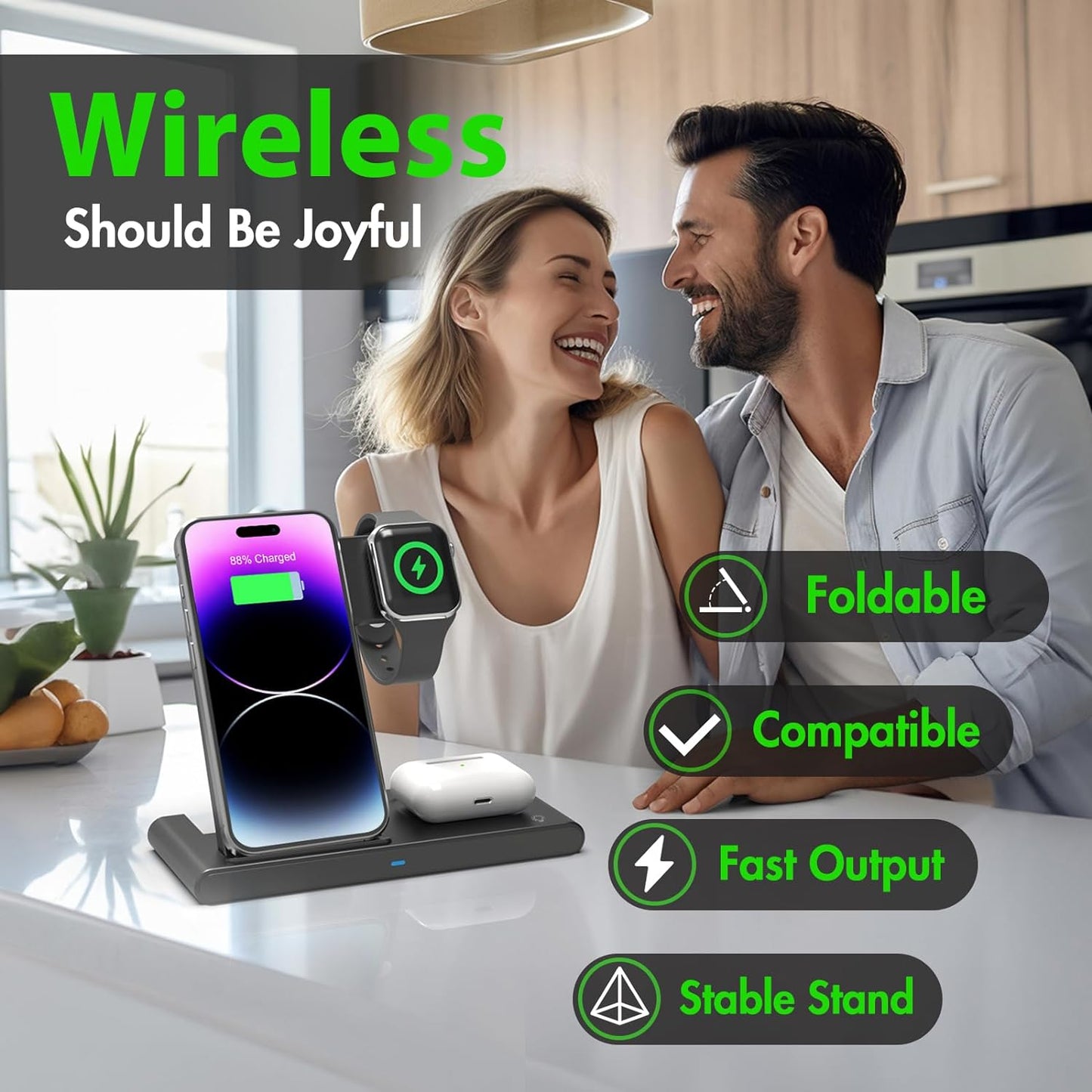 3-in-1 Wireless Fast Charger Stand for iPhone, Apple Watch & AirPods – MagSafe Compatible Charging Dock Station for iPhone 15/14/13/12 Series