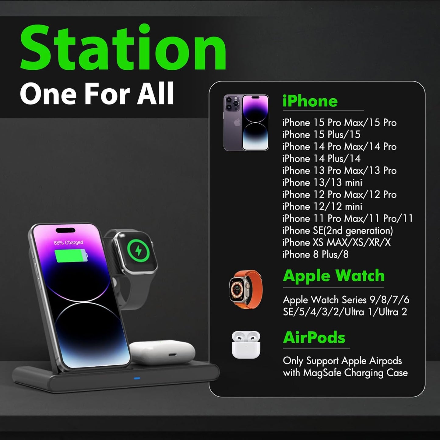 3-in-1 Wireless Fast Charger Stand for iPhone, Apple Watch & AirPods – MagSafe Compatible Charging Dock Station for iPhone 15/14/13/12 Series