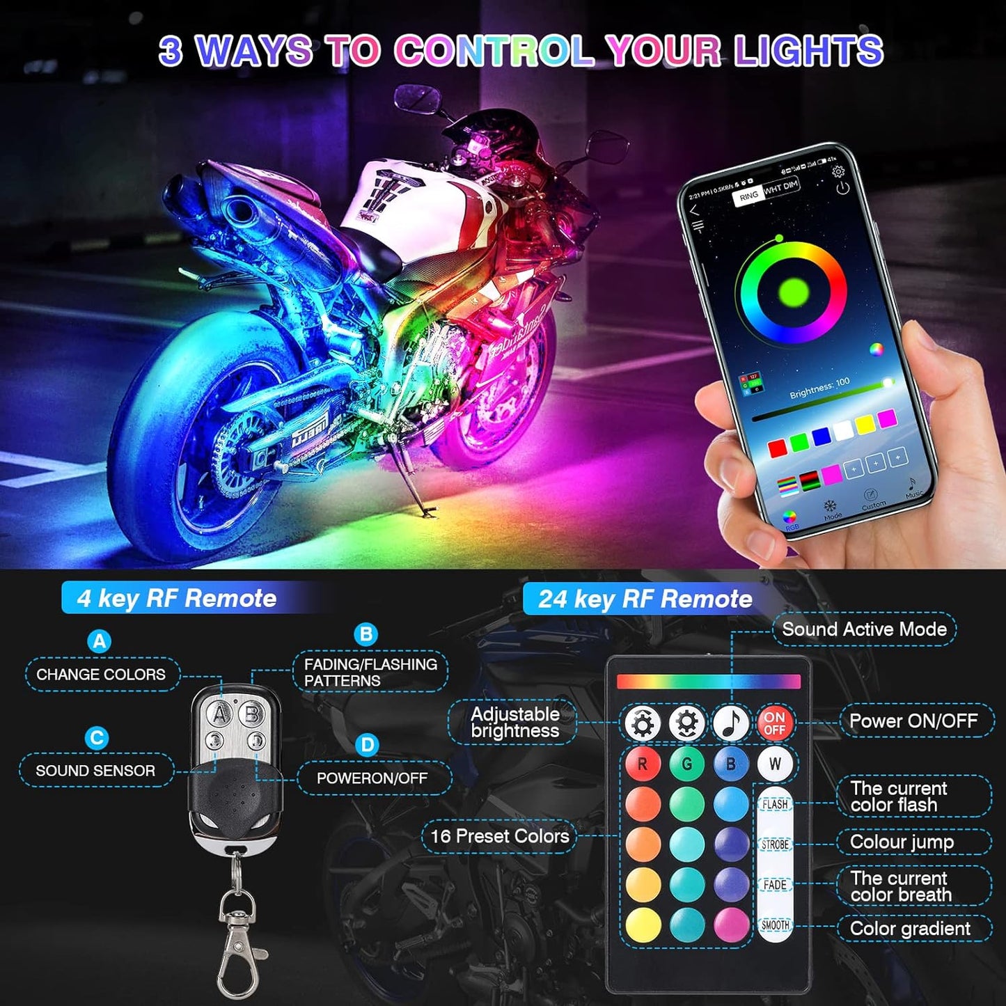 12-Piece Motorcycle LED Light Kit – RGB Underbody Glow Lights with Brake Light & Turn Signal, Waterproof App-Controlled Motorcycle Accent Lighting