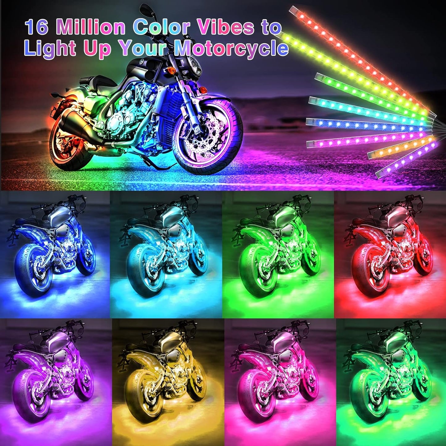 12-Piece Motorcycle LED Light Kit – RGB Underbody Glow Lights with Brake Light & Turn Signal, Waterproof App-Controlled Motorcycle Accent Lighting