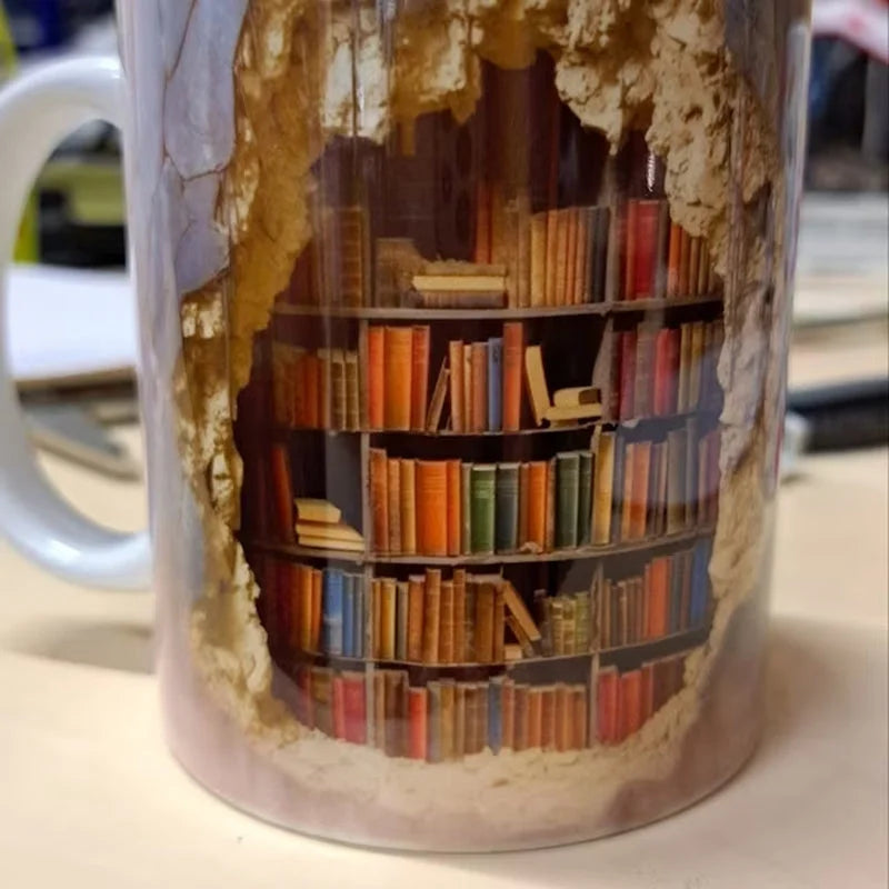 3D Library Bookshelf Coffee Mug – Novelty Book Lover Gift Mug with Hidden Inner Bookshelf Design, Available in 3 Styles