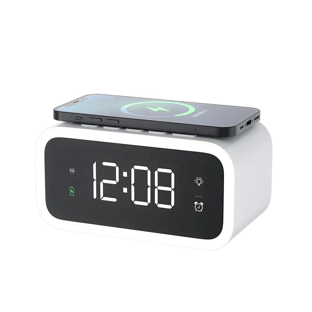 2-in-1 Digital Alarm Clock with Wireless Qi Charging Pad – LED Display Smart Bedside Clock, USB Charger Station for iPhone, Android, Bedroom & Office