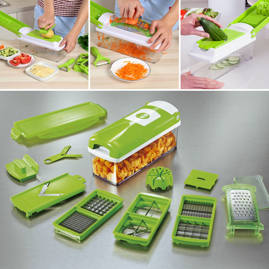 12-in-1 Mandoline Vegetable Slicer – Multifunctional Food Chopper Dicer Grater with Safety Grip Handle and Built-In Container for Fast Meal Prep