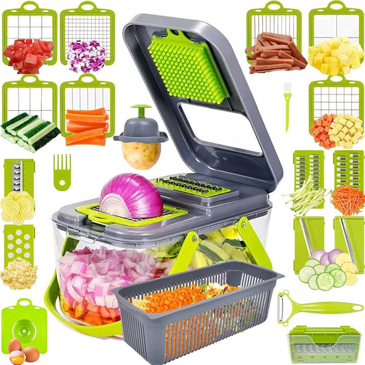 18-in-1 Mandoline Vegetable Slicer with Container – Multi-Blade Food Chopper Dicer Grater with Safety Grip for Fast Meal Prep, Salads & Cooking