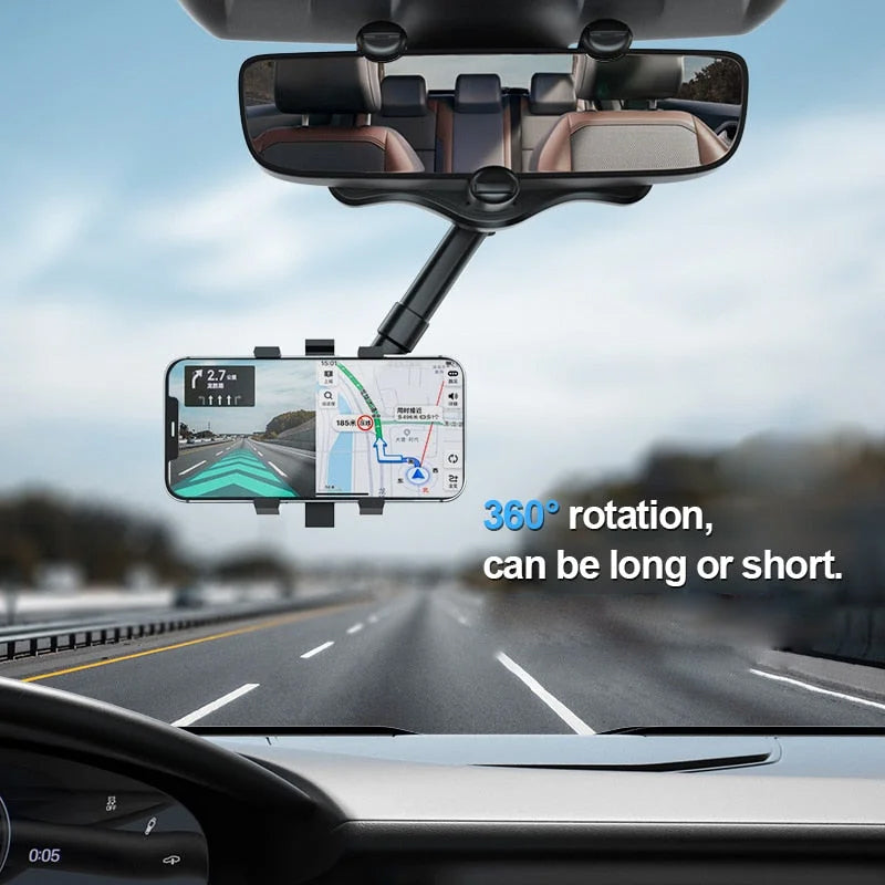 360° Rearview Mirror Car Phone Holder – Multifunctional Rotating Mirror Mount for Smartphones, Universal Car GPS Holder for All Vehicles