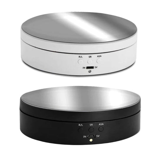 360° Electric Motorized Rotating Display Stand – Turntable for Jewelry Photography, Product Showcase, Collectibles & Watch Display, Silver & Black