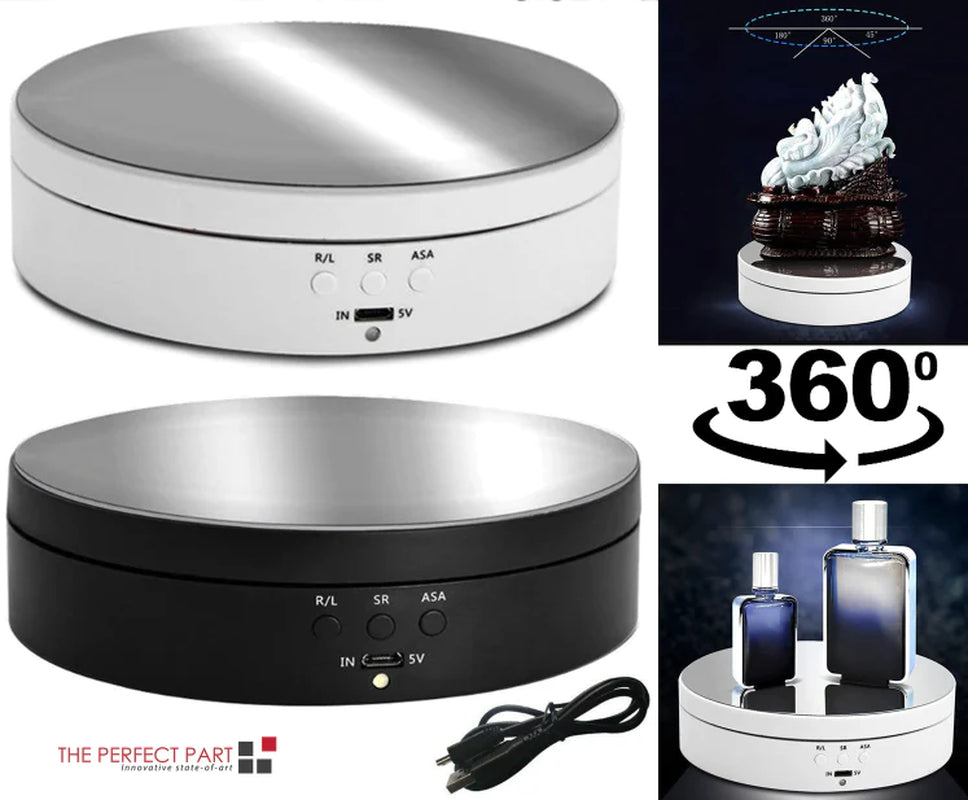 360° Electric Motorized Rotating Display Stand – Turntable for Jewelry Photography, Product Showcase, Collectibles & Watch Display, Silver & Black