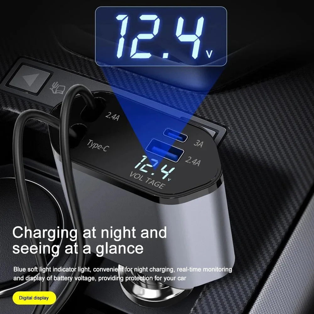 120W Retractable Car Charger – Fast Charging USB C & USB A Dual Port Car Adapter, Auto-Retract Cable for iPhone, Samsung, Android