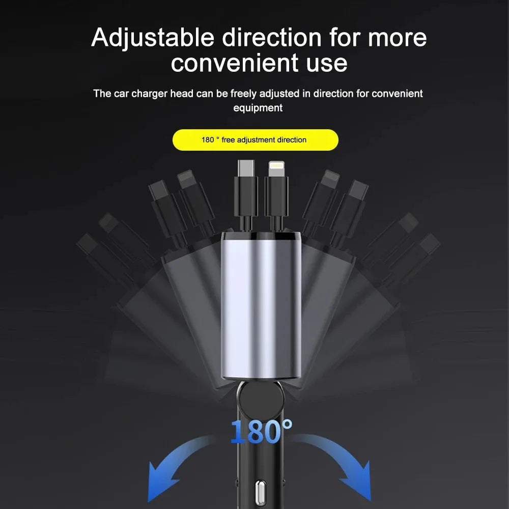 120W Retractable Car Charger – Fast Charging USB C & USB A Dual Port Car Adapter, Auto-Retract Cable for iPhone, Samsung, Android