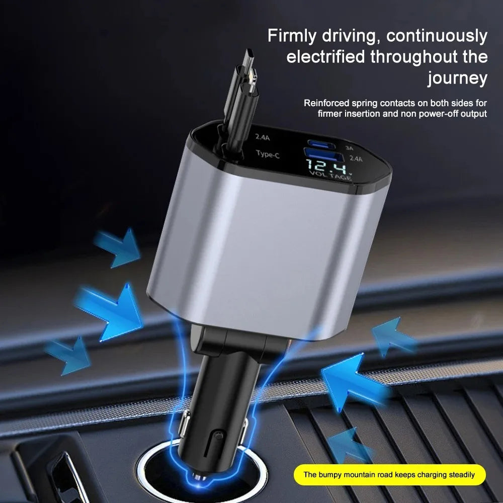 120W Retractable Car Charger – Fast Charging USB C & USB A Dual Port Car Adapter, Auto-Retract Cable for iPhone, Samsung, Android