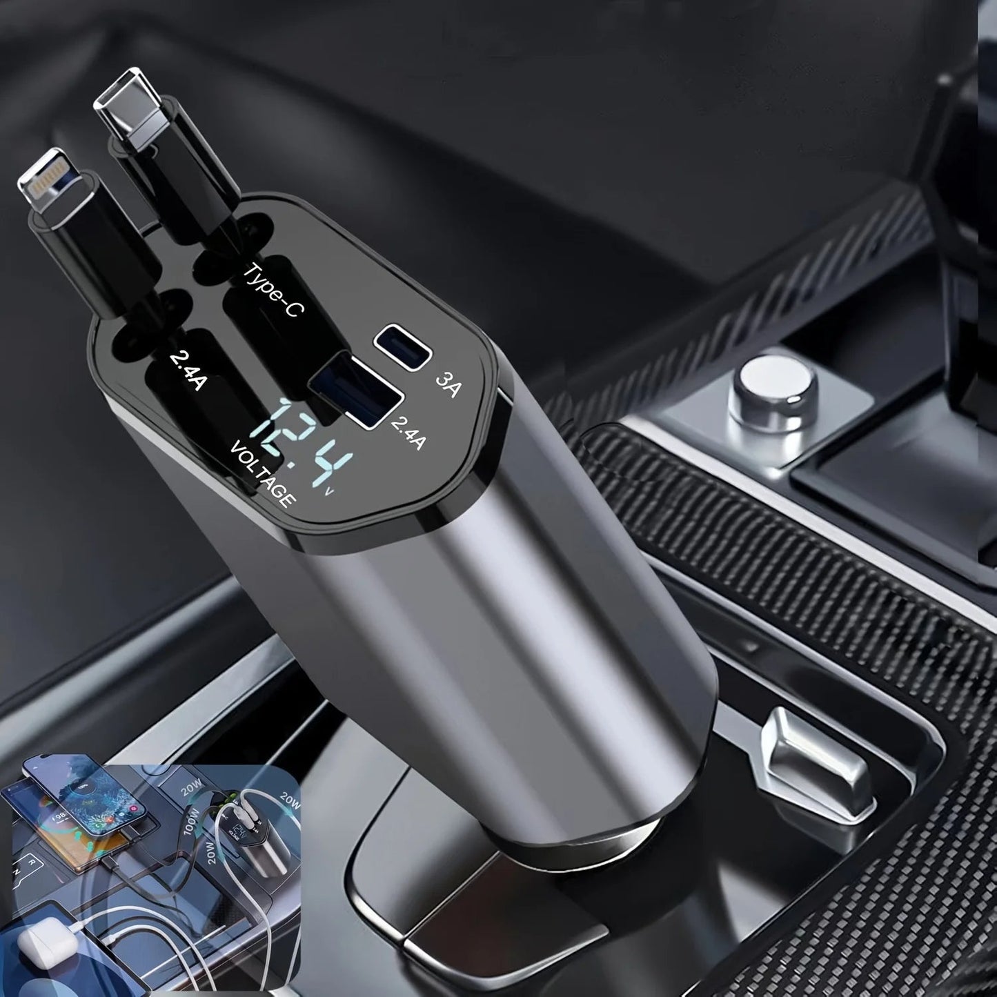 120W Retractable Car Charger – Fast Charging USB C & USB A Dual Port Car Adapter, Auto-Retract Cable for iPhone, Samsung, Android