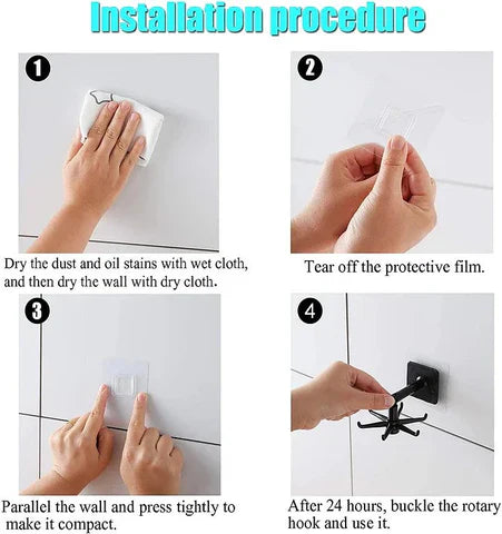360° Rotating Self-Adhesive Utility Hooks – No-Drill Swivel Wall Hooks for Bathroom, Kitchen, Door & Bedroom, Heavy Duty Adhesive Hanger, Black & White