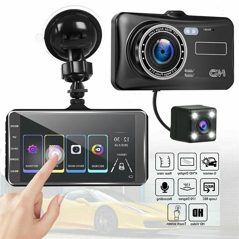 1080P Full HD Dual Lens Dash Cam – Front and Rear Car Camera with 4-Inch LCD Screen, Night Vision, Loop Recording, G-Sensor
