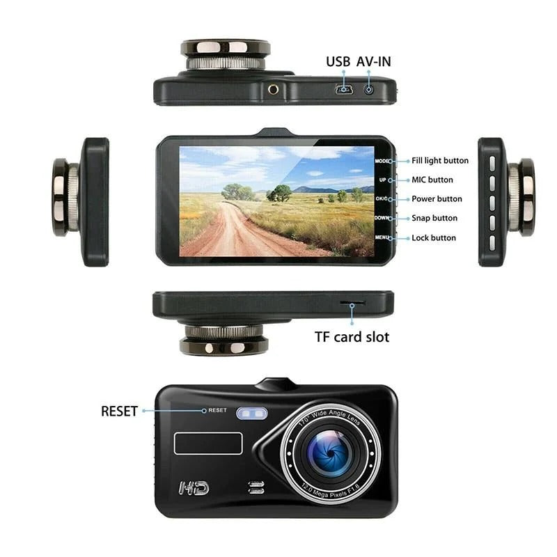 1080P Full HD Dual Lens Dash Cam – Front and Rear Car Camera with 4-Inch LCD Screen, Night Vision, Loop Recording, G-Sensor
