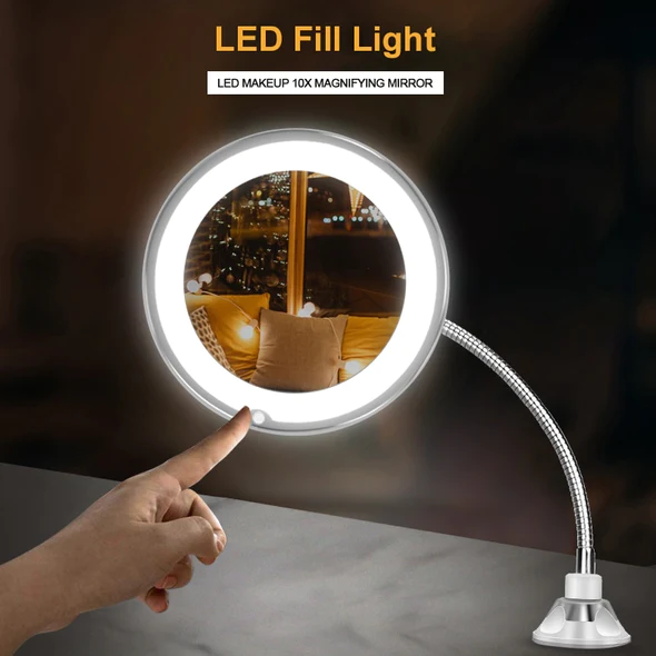 10X Magnifying LED Lighted Gooseneck Makeup Mirror – 360° Flexible Arm Vanity Mirror for Precision Makeup, Travel, Wall Mount, USB Powered