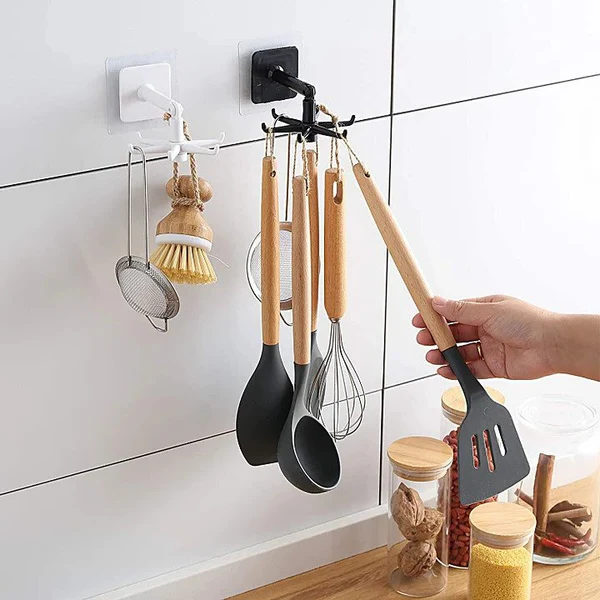360° Rotating Self-Adhesive Utility Hooks – No-Drill Swivel Wall Hooks for Bathroom, Kitchen, Door & Bedroom, Heavy Duty Adhesive Hanger, Black & White
