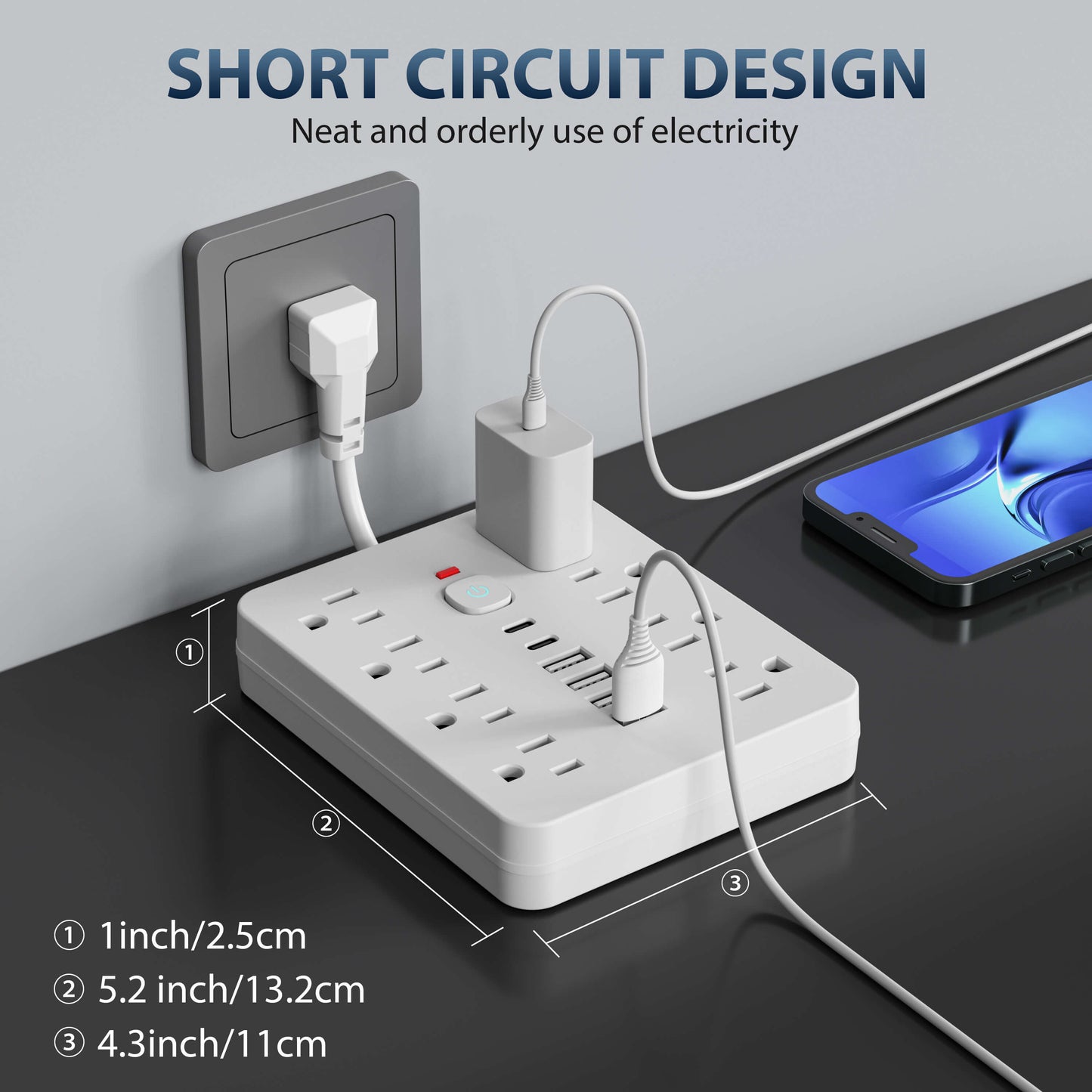 14-in-1 Power Strip with Surge Protection – 12 Outlets + 2 USB Ports, Flat Plug Extension Cord for Home Office, Desk, Laptop, TV, Electronics
